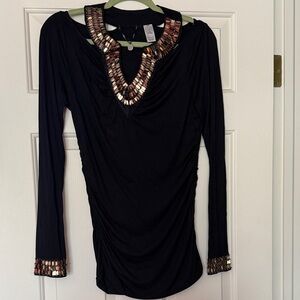 Black Long Sleeve Top with Gold Accents